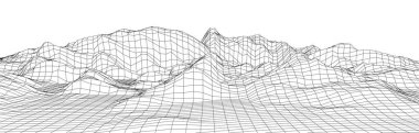 Tel çerçeve 3 boyutlu manzara dağları. Kablo çerçeveli peyzaj teli. 3D manzara. Dijital retro peyzaj siber yüzeyi. Vektör illüstrasyonu.