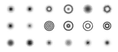 Yarım tonlu daireler. Yarım tonluk noktalar çember gradyanı. Yarı ton tasarım elementleri. Vektör illüstrasyonu.