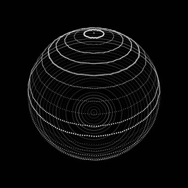 Soyut 3D küre. Küre parçacıkları. Genel ağ bağlantısı. Gelecekçi teknoloji tarzı. Büyük veri görselleştirmesi. Vektör illüstrasyonu.