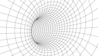 Tünel ya da solucan deliği. Dijital 3D kablo çerçeveli tünel. Üç boyutlu tünel ızgarası. Ağ siber teknolojisi. Sürrealizm. Vektör illüstrasyonu.