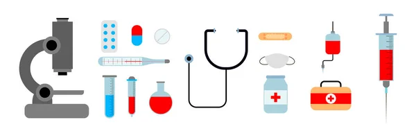 의료 기구와 의약품 아이콘 이 설정되어 있습니다. 의학적 개념은 편평 한 디자인이다. 벡터 일러스트. — 스톡 벡터