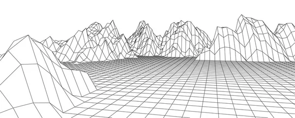 Montañas Paisaje Wireframe Alambre Paisaje Wireframe Paisaje Superficie Cibernética Digital — Archivo Imágenes Vectoriales