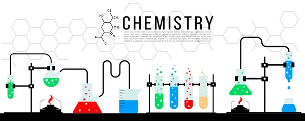 Banner conceito científico da experiência química em fundo branco. Laboratório químico. Dispositivos e equipamentos de laboratório diversos. Coleta de equipamentos de laboratório. Ilustração vetorial. — Vetor de Stock