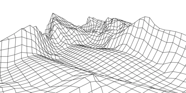 Wireframe paysage 3D montagnes. Fil paysage Wireframe. Paysage 3D. Paysage numérique rétro cyber surface. Illustration vectorielle. — Image vectorielle