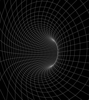 Tünel ya da solucan deliği. Dijital 3D kablo çerçeveli tünel. Üç boyutlu tünel ızgarası. Ağ siber teknolojisi. Sürrealizm. Vektör illüstrasyonu.