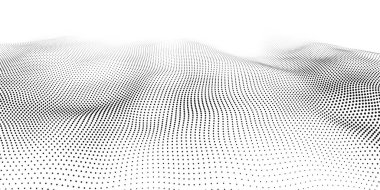 Beyaz arka planda dinamik dalga. Parçacık dalgası. Gelecekçi nokta dalgası. Poster için tasarım. Teknoloji vektör geçmişi. Vektör illüstrasyonu.
