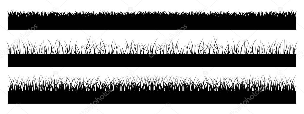 Set of horizontal banners of meadow silhouettes with grass. Simple flat collection of black silhouettes with grass. Vector illustration.