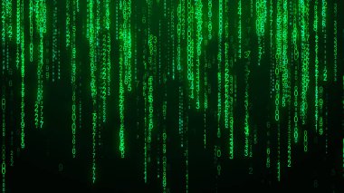 Dijital arkaplan yeşil matrisi. Matrix tarzı program. Ondalık Sayıların akışı. Bilgisayar kodu.