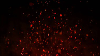 Yangın arka plan kıvılcımları. Uçan kıvılcımlar. Kıvılcımlar saçar. Soyut koyu parıltılı ateş parçacıkları ışıkları. 3B görüntüleme.