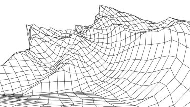 Tel çerçeve 3 boyutlu manzara dağları. Kablo çerçeveli peyzaj teli. 3D manzara. Dijital retro peyzaj siber yüzeyi. Vektör illüstrasyonu.