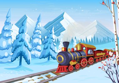 Köknar ağaçları, dağlar ve eski yılbaşı treniyle kış ormanı. Vektör karikatür çizimi. Yatay arkaplan. Noel kartı..