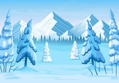 Köknar ağaçları ve dağları olan kış ormanı. Vektör karikatür çizimi. Yatay arkaplan. Noel kartı..