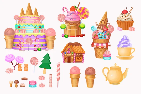 Candy City Cake Castle Houses Cakes Ice Creams Sweets Lollipops — стоковый вектор