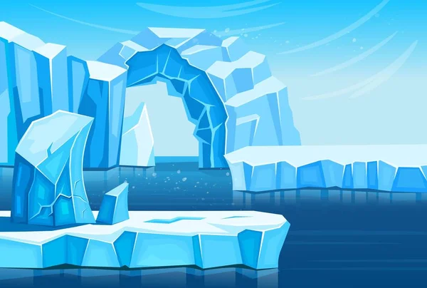 Arctic landscape with icebergs  and sea or ocean. Vector  cartoon illustration for games and mobile applications.