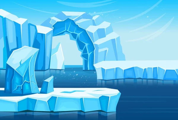 Arctic landscape with icebergs and sea or ocean. Vector cartoon