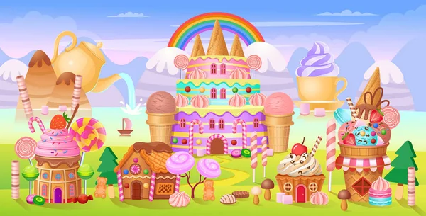 Candy City Cake Castle Houses Cakes Ice Creams Sweets Lollipops Stock Vector