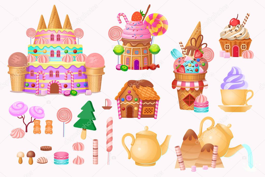 Candy city with cake castle, houses cakes, ice creams, sweets, lollipops and cookies. Panorama of candy town.Vector cartoon background for kids games.