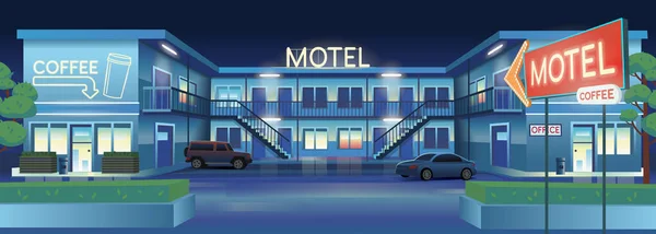 Dibujos Animados Vectoriales Ilustración Motel Nocturno Con Coches Cafetería — Vector de stock