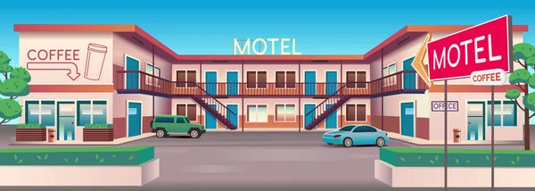 Vektor Cartoon Illustration Eines Motels Mit Autos Und Kaffeebar Bei — Stockvektor