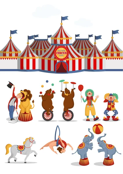 Ensemble Cirque Tente Lion Ours Acrobate Aérien Clowns Cheval Éléphants — Image vectorielle