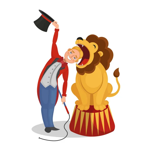 Zirkusshow Der Dompteur Steckte Seinen Kopf Ein Löwenmaul Zeichentrickvektorillustration — Stockvektor