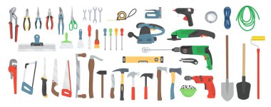 Büyük inşaat aletleri seti. Matkap, öğütücü, dairesel testere, keski, balta, çekiç, çivi sökücü, demir testeresi, mezura, spatula, ucu, kerpeten, İngiliz anahtarı, zımba, yapıştırıcı tabancası, silindir, kuru erik.. 