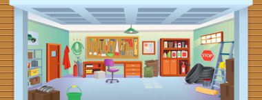 Araçlar, tablo, raflar, merdiven, kutular, lastikler ile garaj veya bodrum içi. Vektör karikatür oyunu ve mobil uygulamalar arka planı.