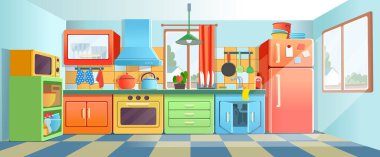  Buzdolabı, mutfak sobası ve mutfak bulaşıklarıyla retroozi renginde mutfak. Vektör çizimi düz çizgi film biçimi.
