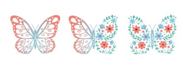  Çiçekli kelebekler. Beyaz arka plan simgelerinde vektör kelebekleri. Spa salonu, eko kozmetik ürünleri hariç..