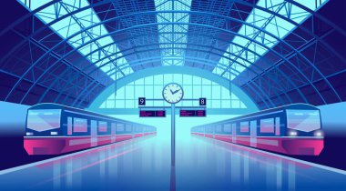 Tren istasyonu platformu ve Neon tarzı bir saat. Çizgi film vektör illüstrasyonu.