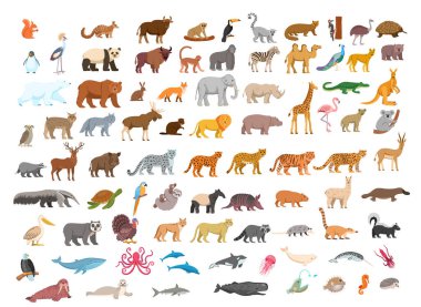 Bir grup orman hayvanı ayı, tilki, kurt, geyik, tavşan, kunduz, kirpi, sincap, vahşi sörf. Çocuklar için düz çizgi film çizimi..