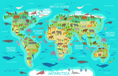 Çocuklar için düz çizgi film vahşi hayvanlarla dolu vektör dünya haritası. Çene Amerika, Asya, Avrupa, Kuzey Amerika, Afrika, Avustralya, Atlantik Okyanusu, Hint Okyanusu, Pasifik Okyanusu, Arktik Okyanusu ve farklı hayvanlarla dolu..