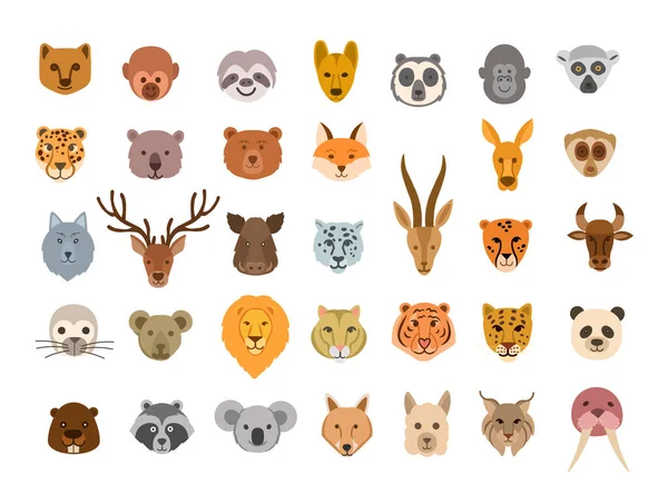 Коллекция Милых Животных Лиц Большой Набор Симпатичных Голов Животных Персонажи — стоковый вектор