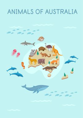 Avustralya haritası: kanguru, koala, ornitorenk, ekidna, dingo köpeği, timsah, kaplumbağa, tilki, wombat, devekuşu, çocuklar için düz çizgi film çizimi.