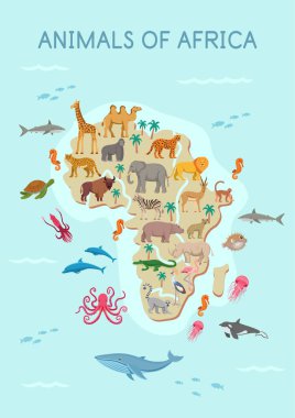  Afrika haritası: sırtlan, zürafa, zebra, fil, timsah, goril, aslan, antilop, flamingo, lemur, çita, leopar, deve, bufalo, gergedan, taçlandırılmış turna.