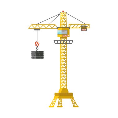Sarı vinç beyaz arka planda izole edilmiş. Yapı makineleri düz vektör çizimi.