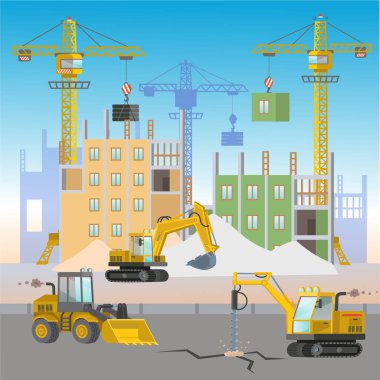 İnşaat makineli inşaat alanı: vinç, matkap, yükleyici buldozer, sondaj traktörü. Düz vektör illüstrasyonu.