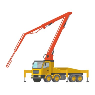 Sarı beton pompa beyaz arka planda izole edildi. Yapı makineleri düz vektör çizimi.