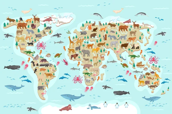 Vector World Map Flat Cartoon Wild Animals Kids South America — Stock Vector