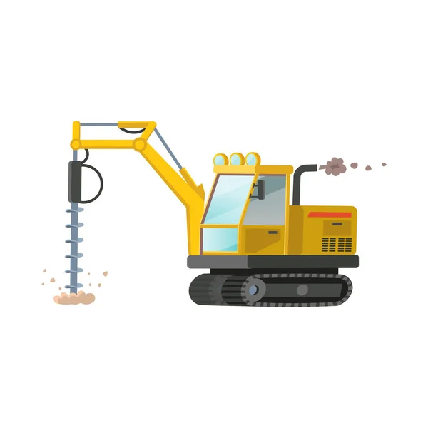 Yellow Drilling Tractor Isolated White Background Construction Machinery Flat Vector — Stock Vector