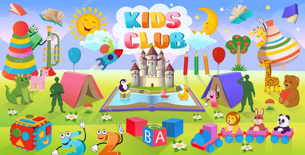 Landscape with islands, mountains. Cartoon background with lots of toys for kids and open book with fairy castle inside.The concept of a children's playroom, birthday, kids club, kindergarten, school.