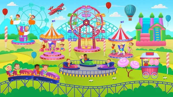 Theme Park Scene Electric Cars Ferris Wheel Carrousel Trampoline Amusement — Stock Vector