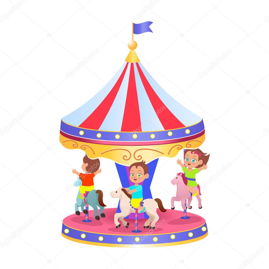  A carousel with horses, vector Illustration on a white background. Amusement park. Vector illustration for children.