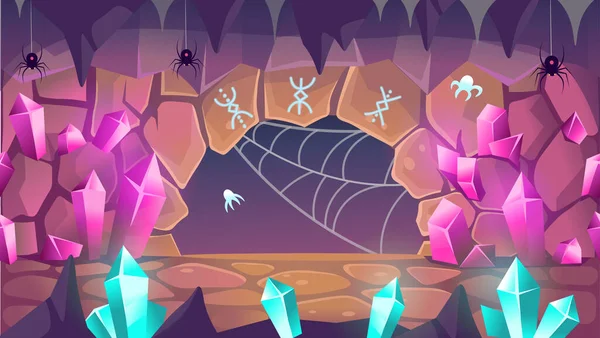 Fantasy Barlang Kristályokkal Pókokkal Rúnákkal Kilépés Barlangból Illusztráció Rajzfilm Stílusban — Stock Vector