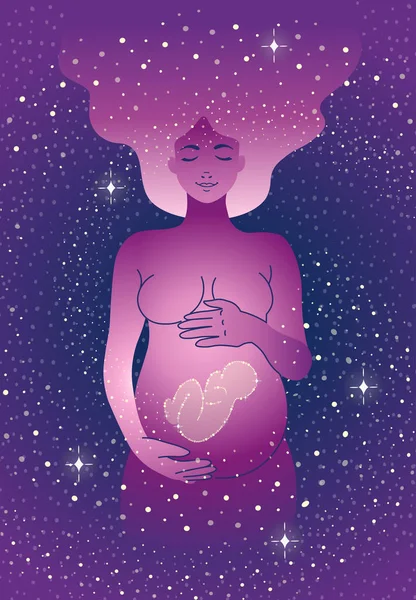 Šťastná Těhotná Žena Dítětem Objímajícím Své Břicho Vesmíru Esoterický Koncept — Stockový vektor