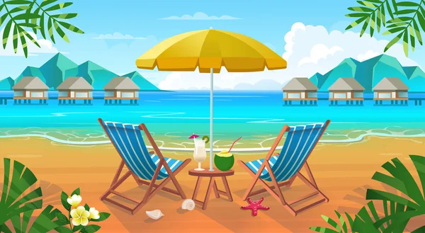 夏日热带海滩 有日光浴 餐桌上有鸡尾酒 高山和岛屿 海滨风景 自然度假 海洋或海滨 矢量卡通画 — 图库矢量图片
