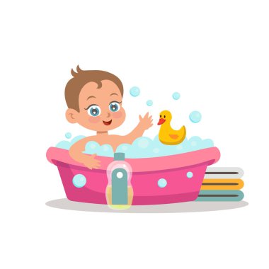 Beyaz arka planda bebeği olan leylek. Tebrik kartı konsepti, bebek partisi davetiyesi. Oğlan oldu. Çizgi film tarzında vektör illüstrasyonu.