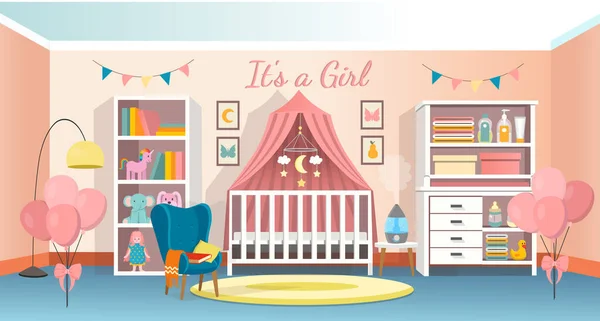 Egy Lány Modern Rózsaszín Szoba Belseje Újszülött Gyereknek Belső Hálószoba — Stock Vector