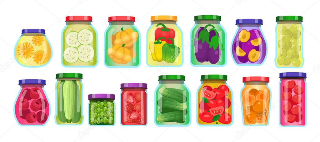  Canned vegetables and fruit. Glass jars set. Cartoon vector illustration isolated on white background