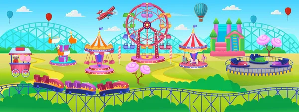 Theme Park Scene Met Elektrische Auto Reuzenrad Carrousel Trampoline Amusementspark — Stockvector